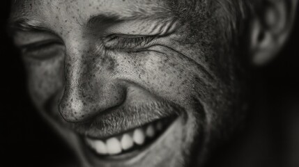 Obraz premium Monochromatic close-up capturing genuine laughter and facial character