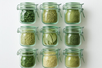 Assortment of Dried Green Herbs and Spices in Glass Jars on White
