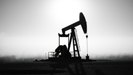 Oil pump jack silhouette against foggy background, representing energy production and industrial activity. image conveys sense of solitude
