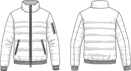 Cad drawing flat vector illustration, puffer jacket technical sketch front back view, fashion garment template, apparel design, clothing blueprint