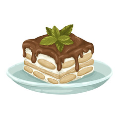 A delicious hand-drawn vector illustration of tiramisu with chocolate sauce and fresh mint leaves on a plate. This classic Italian dessert is perfect for menus, recipe cards, and bakery-themed design