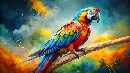 Artistic depiction of a scarlet macaw parrot on a wooden perch, set against a dramatic, colorful, and abstract cloudy sky background