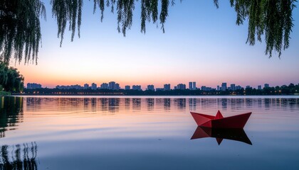 Red paper boat on calm lake at sunset with city skyline and willow branches