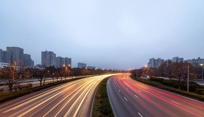 Fototapeta premium Long Exposure City Highway at Dusk with Light Trails