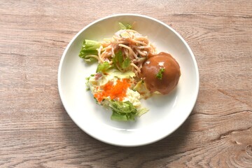 baking spaghetti slice ham pork with vegetable topping shrimp egg in mayonnaise cream sauce salad couple mashed potato on plate   