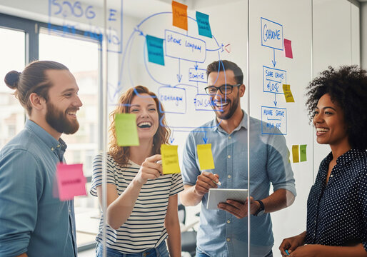 Brainstorming Brilliance: A collaborative team in a modern office setting are gathered around a glass wall covered with notes and sketches. They are brainstorming ideas, laughing.