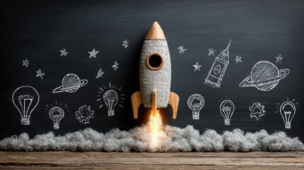Unique, Ecofriendly Rocket Art taking flight against a Chalkboard Backdrop with Space and Rocket Drawings Perfect for Inspiring and Innovative Projects.