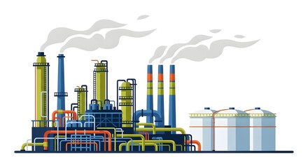 Obraz premium Industrial Factory Illustration: Manufacturing Plant with Smoke Stacks and Storage Tanks
