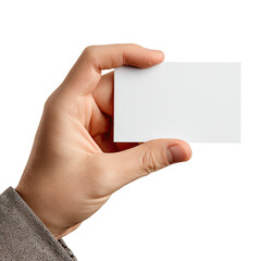 A hand holding a blank white business card