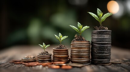 Unique Stacks of Coins Transformed into Miniature Urban Gardens, Perfect for Sustainable Living Campaigns Boosting EcoFriendly Aesthetics and Tranquil Mood.