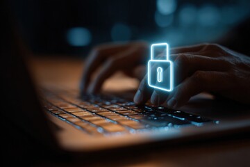 Hands typing on a laptop keyboard with a glowing padlock graphic