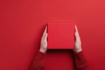 Fototapeta premium Hands holding a red gift box on a red background (2)