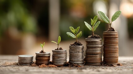 Striking Stack of Coins Embellished with Vibrant Green Plants Perfect for Unique Campaigns, Boosting Creativity and Encouraging Growth.