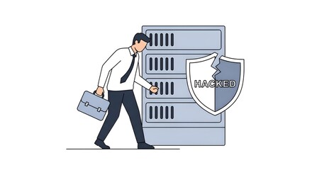 Cybersecurity Breach: Businessman Walks Past Hacked Server & Broken Shield Icon