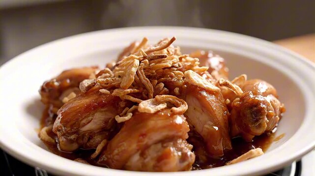Delicious and savory chicken adobo cooked in soy sauce, vinegar, garlic and bay leaf, garnished with crispy fried shallots