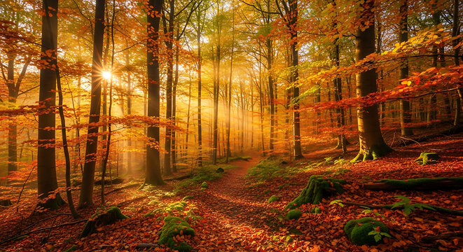 Golden sunbeams stream through a tranquil autumn forest, illuminating a vibrant path covered in colorful fall foliage - Powered by Adobe