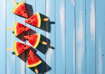 Watermelon Popsicles: A vibrant array of refreshing watermelon popsicles arranged artfully on a light blue wooden surface, perfectly capturing the essence of summer refreshment and sweet delights.