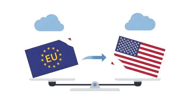 EU and USA Flags on a Balance Scale Representing Geopolitical Shift and International Relations - Powered by Adobe
