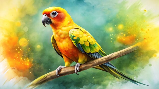 A cheerful sun conure parrot with bright yellow and orange feathers sits on a wooden perch, its gaze alert and curious