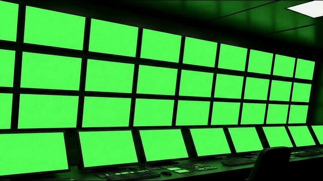 Multiple digital display panels aligned in a dark room isolated on the green screen background