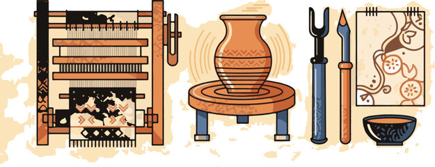 Artisanal Crafts Still Life: Weaving Loom Pottery Wheel and Handcrafted Tools Illustration