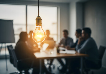 Glowing lightbulb in a meeting room with a blurred group of business people, symbolizing a new idea or innovation.