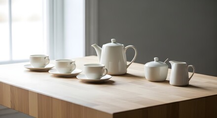 Fototapeta premium Teapot And Cups organized neatly in butcher block clean product