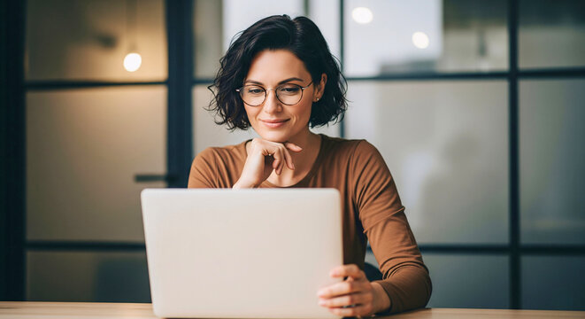 Focused Reflection: A woman is engaged in a moment of contemplation, focused intently on her laptop. Her glasses and thoughtful pose suggest a deep level of concentration and introspection.