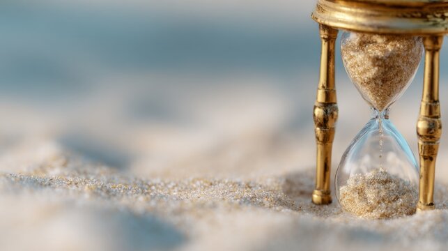 Fantasy sand clock nestled in soft sand, intricate design, minimalist ambiance, serene and clean environment, evokes a sense of time and tranquility, imaginative and unique concept
