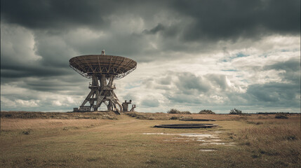 Large radio telescope under a dramatic sky in a grassy field