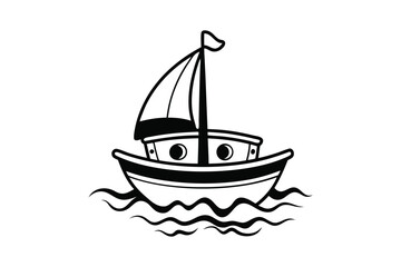 Cartoon sailboat with flag navigates the wavy ocean waters in a simple style