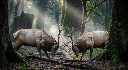 Majestic Elk Battle in Ancient Forest.