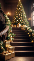Fototapeta premium A beautifully decorated Christmas tree and gifts adorn a grand staircase, creating a festive holiday scene.