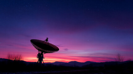 Radio telescope silhouetted against a vibrant sunset and starry night sky majestic mountains in the background