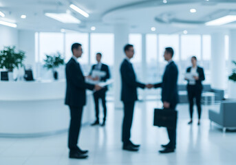 Fototapeta premium Motion blur of people in a bright, modern office, suggesting a dynamic and busy environment.