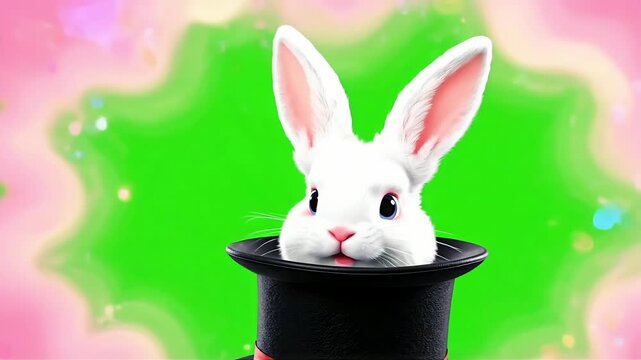 Mysterious magic hat reveals fluffy white rabbits emerging into a vibrant, whimsical explosion of bokeh and color, promising enchantment and wonder.