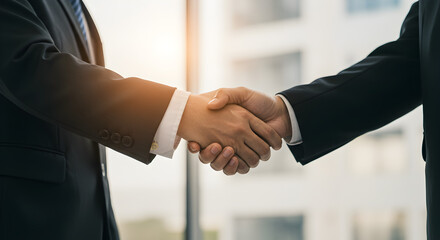 Close-up of a business handshake between two people in an office, symbolizing a professional agreement and success.