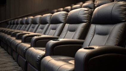 Rows of dark gray leather theater seats
