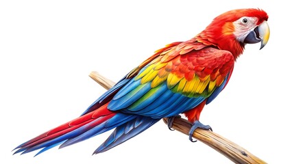 Fototapeta premium Scarlet macaw parrot with vibrant red, yellow, and blue plumage on a branch, isolated on white background