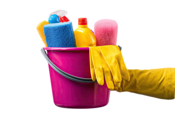 Colorful cleaning supplies in a pink bucket held by a gloved hand