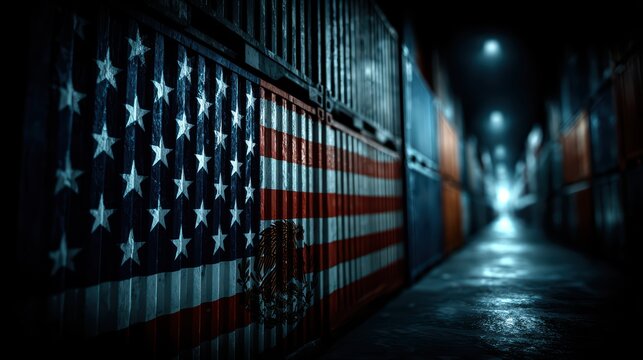 Dramatic Flag Symbolizing U.S.Mexico Trade Tariff at Night, Ideal for Business Campaigns Evokes a Sense of Tension and Resilience.