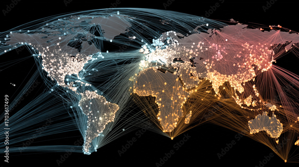 Poster global connections network map showing worldwide travel and communication routes