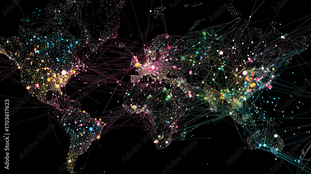 Leinwandbilder global network connections visualized on a world map showing intricate lines and glowing points of l