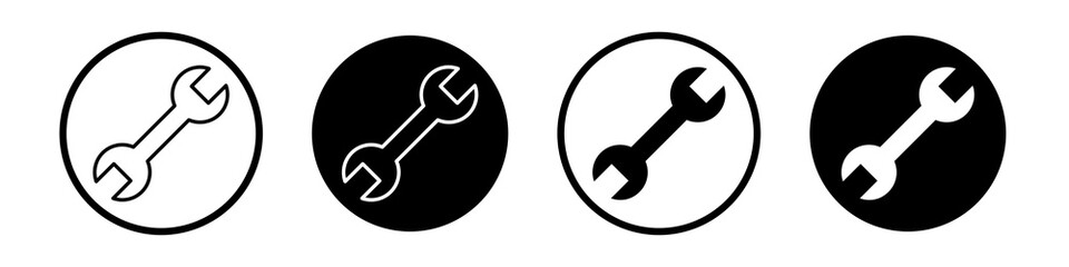 Wrench icon collection in black and white filled and outlined style for web.