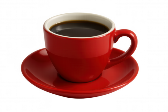 Steaming dark coffee filling ceramic red mug, sitting atop matching saucer against transparent backdrop