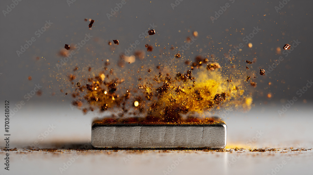Poster golden particles exploding from a metallic block a captivating display of motion and texture