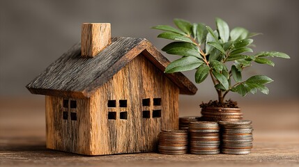 Rustic Wooden House with Vibrant Plant Growth and Symbolic Coins Inspiring Creativity for Branding and Relaxation.