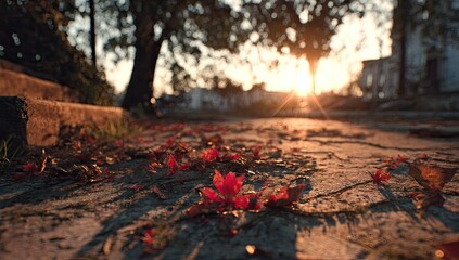 Fototapeta premium Autumn leaves path sunset village background