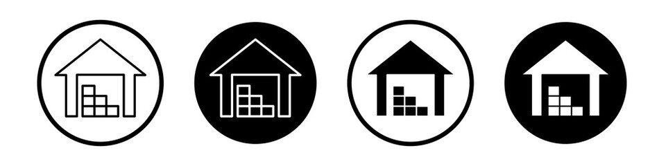 Warehouse icon collection in black and white filled and outlined style for web.