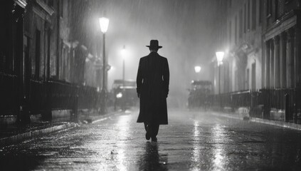 Man walks rainy city street, night, film noir background, mystery